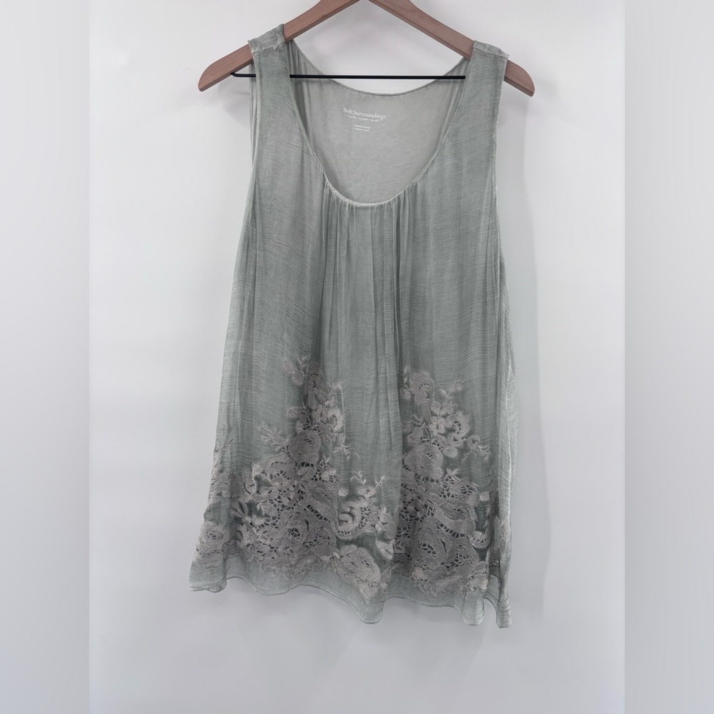 Soft Surroundings Moss Green Sheer Silk Overlay Embroidered Trim Tank Top XLP - Picture 3 of 7